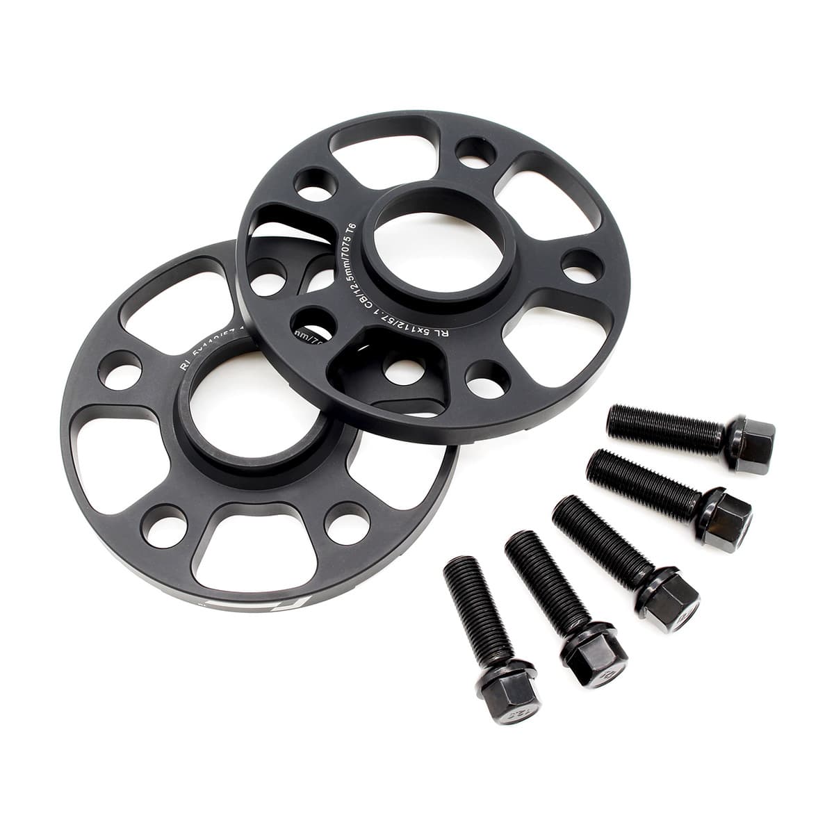 Spacers3-1jpg - OPSHOLDERS Two black disc brake rotor spacers with mounting bolts arranged beside them.