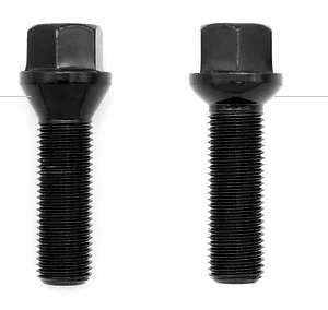 Spacers6-1png - OPSHOLDERS Infographic comparing lug bolt seats: left cone-seat for aftermarket wheels, right ball-seat for OEM wheels, with two bolts in center.