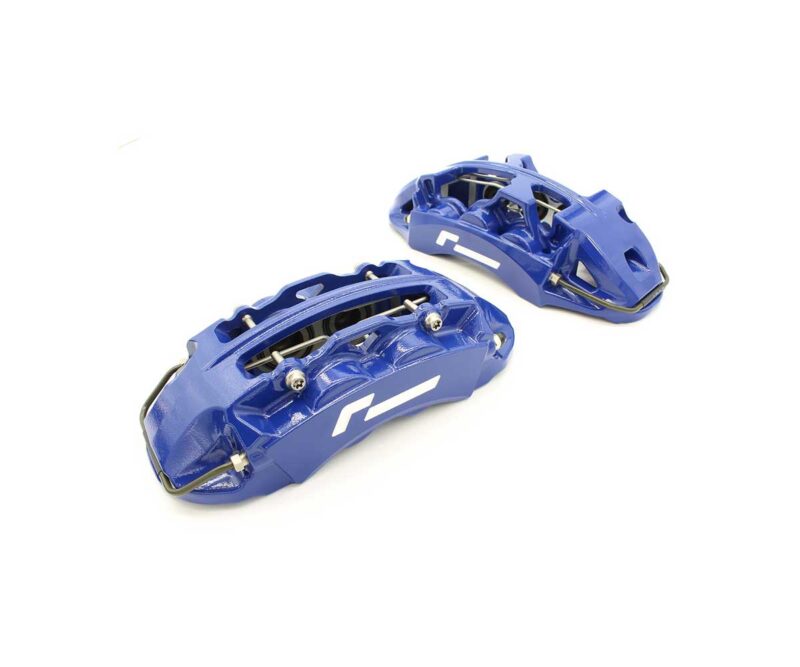 Pair of blue bicycle brake calipers with white logo on a white background.