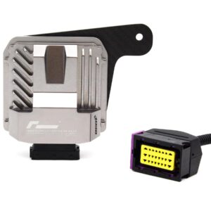 Automotive engine control unit (ECU) with a metal housing and a black mounting bracket beside a yellow multi-pin connector on a cable.