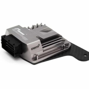 Automotive engine control unit (ECU) with aluminum housing and mounting bracket, showing a multi-pin connector port