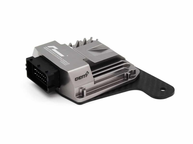 Automotive engine control unit (ECU) with aluminum housing and mounting bracket, showing a multi-pin connector port