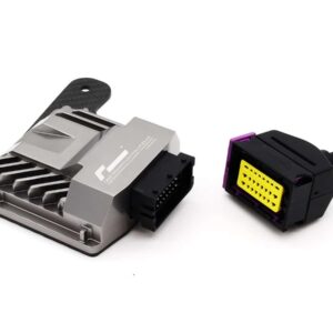 Engine control unit with a detachable multi-pin connector and a separate yellow-plug harness, used for vehicle electronic control systems.