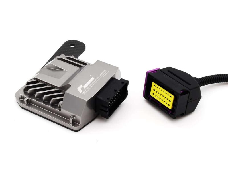 Engine control unit with a detachable multi-pin connector and a separate yellow-plug harness, used for vehicle electronic control systems.