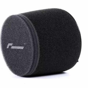 Black foam microphone windscreen, cylindrical with rounded ends, shown from the side?