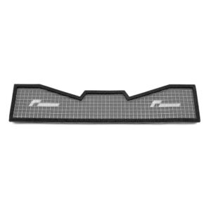 Rectangular automotive cabin air filter with a gray pleated media and black foam border, featuring a central notch in the middle long edge.