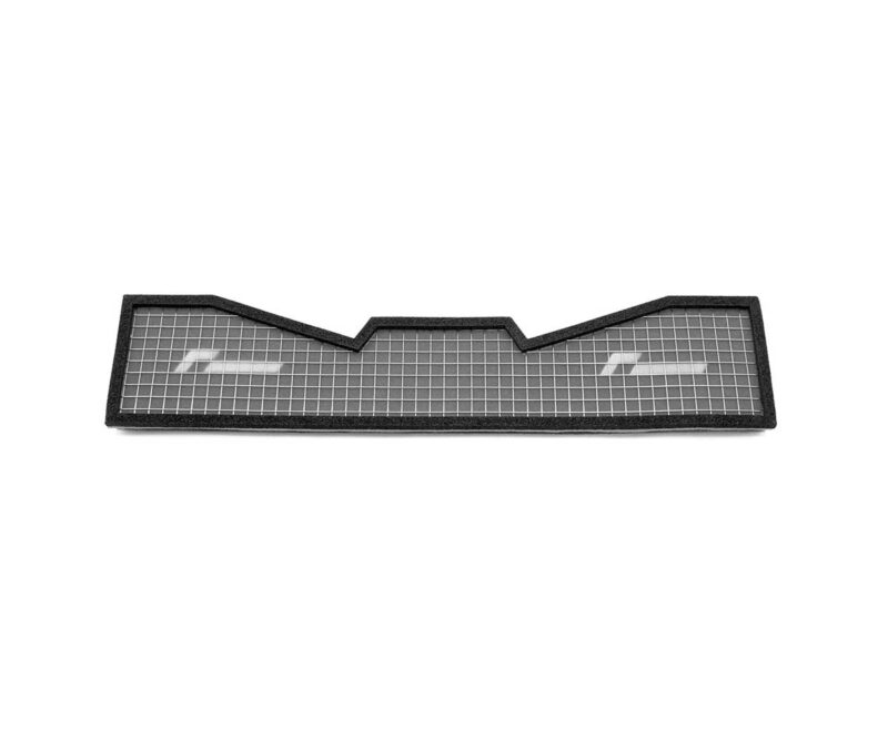 Rectangular automotive cabin air filter with a gray pleated media and black foam border, featuring a central notch in the middle long edge.