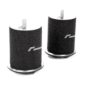 Two black cylindrical foam air filters with chrome bases and mounting tabs on a white background.