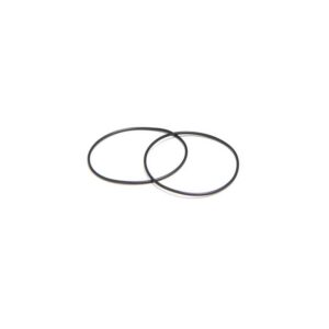 Two black rubber O-rings linked together on a white background.