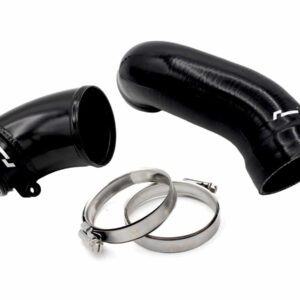 Black automotive intercooler pipes with metal hose clamps on a white background for a turbo intake kit