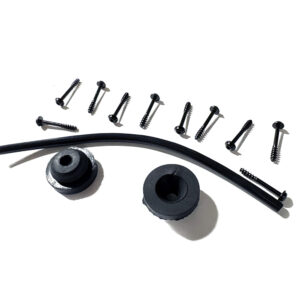 Assorted hardware kit with small black screws, two rubber grommets, and a curved black hose on a white background