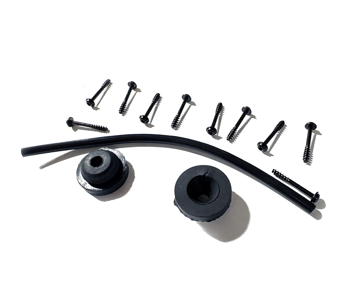VWR120004jpg - OPSHOLDERS Assorted hardware kit with small black screws, two rubber grommets, and a curved black hose on a white background