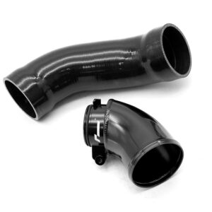 Black curved automotive duct elbow with a matching straight hose section and a clamp.