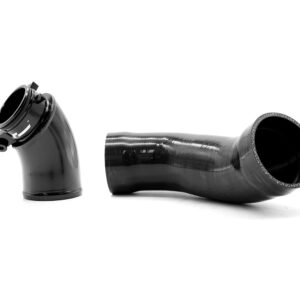 VWR120005_3jpg - OPSHOLDERS Two black curved plastic ducts (one short elbow with flange, one longer curved tube) laid on a white background, likely automotive air intake hoses.