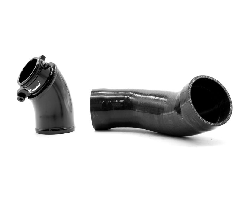 VWR120005_3jpg - OPSHOLDERS Two black curved plastic ducts (one short elbow with flange, one longer curved tube) laid on a white background, likely automotive air intake hoses.