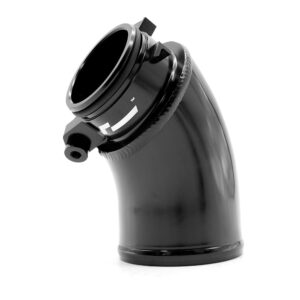 VWR120005_4jpg - OPSHOLDERS Close-up of a black angled pipe elbow with a circular mounting ring and small side connector, isolated on white.