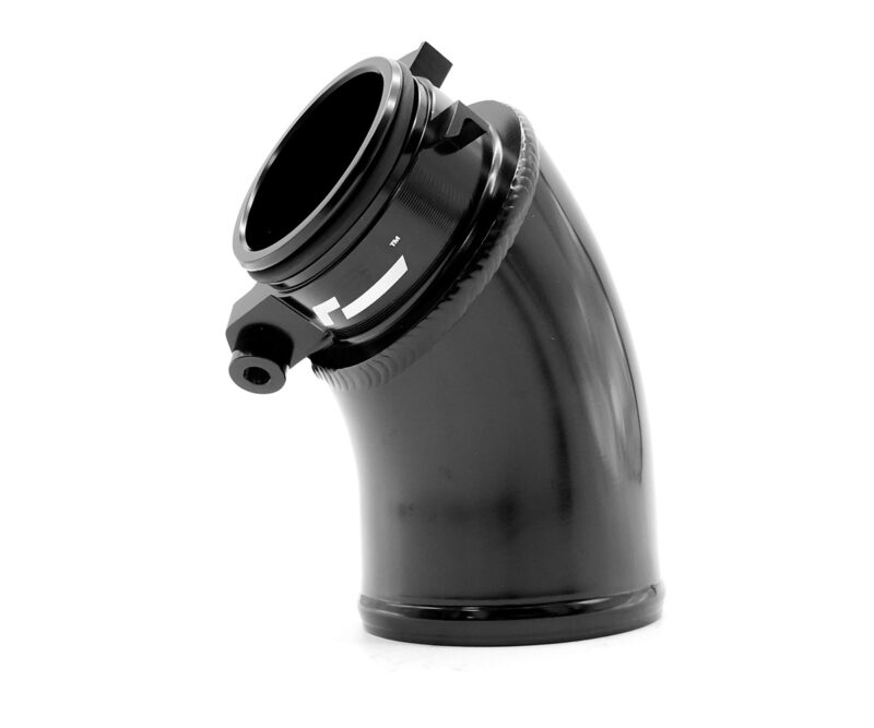 VWR120005_4jpg - OPSHOLDERS Close-up of a black angled pipe elbow with a circular mounting ring and small side connector, isolated on white.
