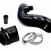 VWR120010-Racingline-Turbo-Inlet-Continental-Turbo-2jpg - OPSHOLDERS Black silicone turbo hose elbow with a coupler, clamps, and small connector pieces laid out on a white background (turbo/intercooler hose kit).