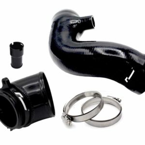 Black silicone turbo hose elbow with a coupler, clamps, and small connector pieces laid out on a white background (turbo/intercooler hose kit).