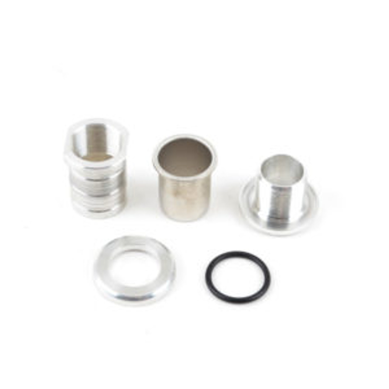VWR1200BUNG-k04-bung-300x300__10780jpg - OPSHOLDERS Assorted small metal cylindrical parts and rings arranged on a white background, including two hollow tubes and a black O-ring.
