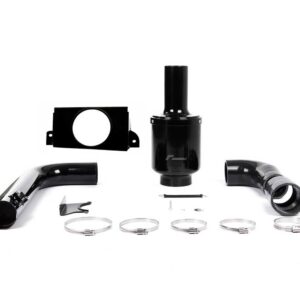 Assorted black automotive intake parts laid out on a white background, including hoses, clamps, brackets and a cylindrical housing.