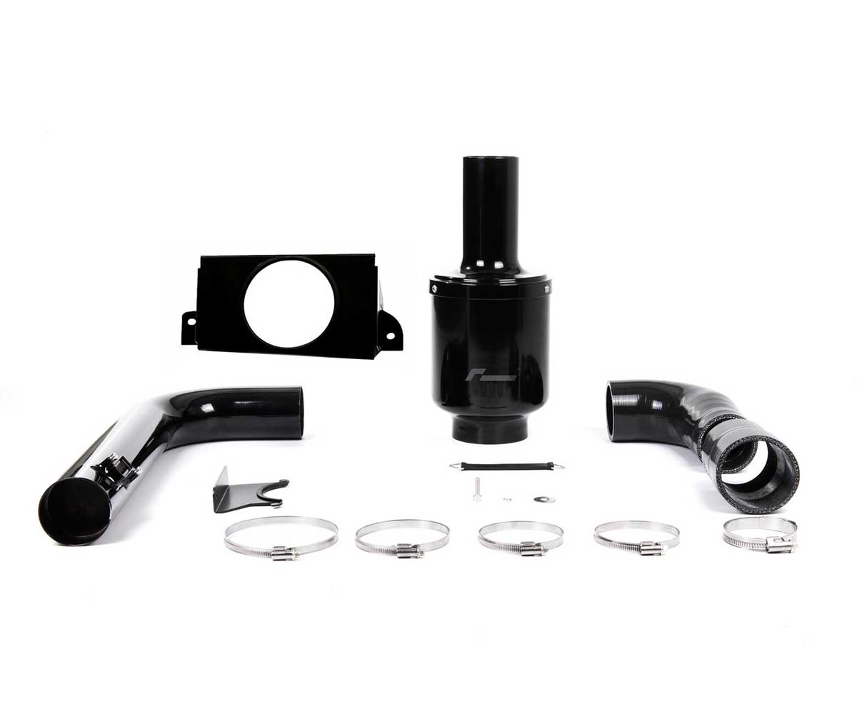 VWR1230S3-1jpg - OPSHOLDERS Assorted black automotive intake parts laid out on a white background, including hoses, clamps, brackets and a cylindrical housing.