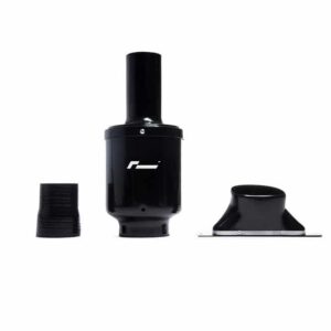 Black vape tank with detachable mouthpiece and base pieces laid out on a white background