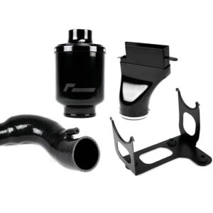 Black automotive intake components arranged together: air filter housing, intake tube, curved hose, and mounting bracket.