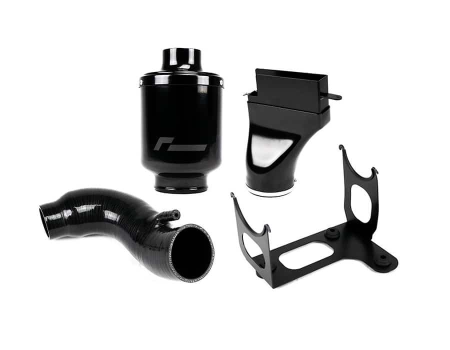 VWR12A1S1-1jpg - OPSHOLDERS Black automotive intake components arranged together: air filter housing, intake tube, curved hose, and mounting bracket.