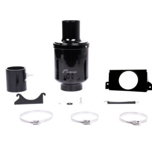 Black automotive turbocharger kit components laid out on a white background, including the main turbine housing, mounting bracket, clamps, hoses, and hardware