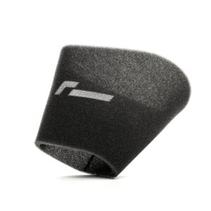 VWR12G7R600OS-2-1jpg - OPSHOLDERS Close-up of a black foam microphone windscreen with a white rectangular detail, set against a white background.
