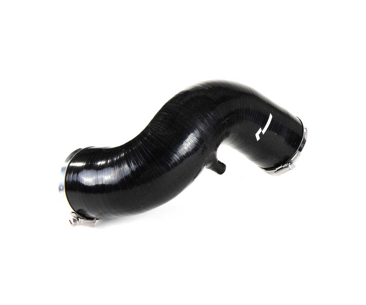 VWR12P101jpg - OPSHOLDERS Curved black silicone automotive hose with metal clamps at both ends used in engine intake systems.