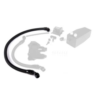 Assorted motorcycle hardware kit with a curved black hose and connectors laid out on a white background.