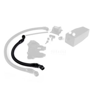 Accessory kit with hoses, fittings, clamps, and mounting brackets laid out on a white background.