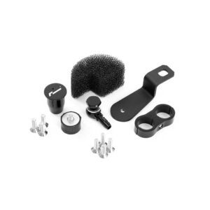 Universal bicycle handlebar mount kit with clamp, plastic mounting arm, foam pad, and assorted screws and spacers for accessory attachment