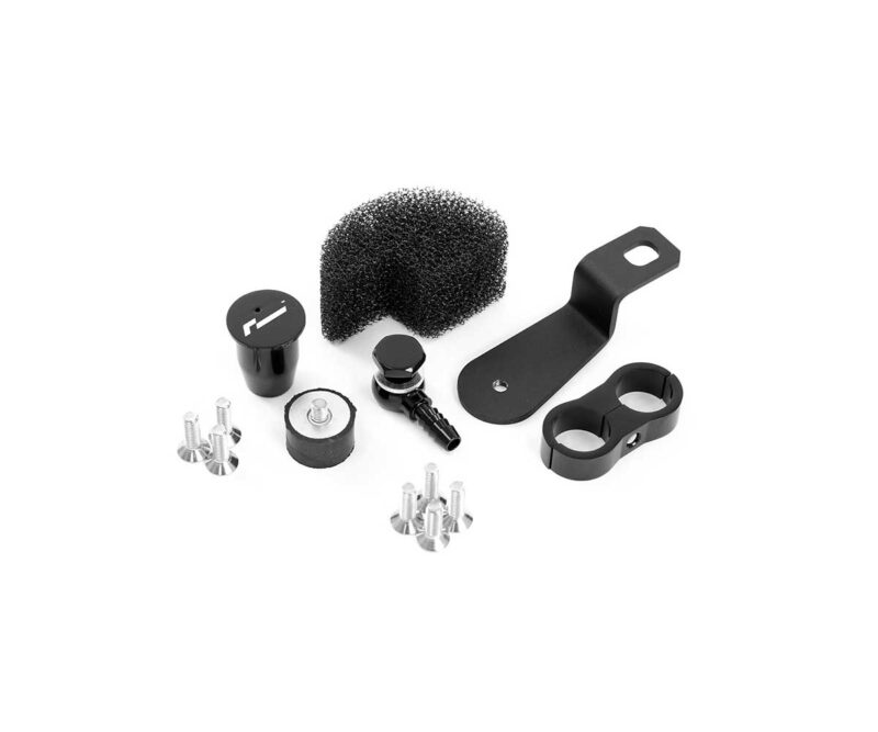 Universal bicycle handlebar mount kit with clamp, plastic mounting arm, foam pad, and assorted screws and spacers for accessory attachment