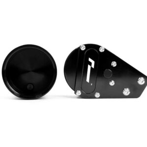 Black circular cap and an angled black mounting plate with multiple screws, likely a hub or motor mount component in a mechanical assembly.