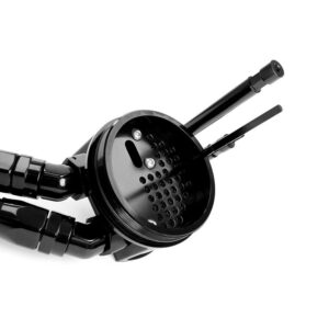 Close-up of a black circular metal component with many small holes, connected to a glossy arm or handle (industrial-looking). It resembles a perforated filter plate.