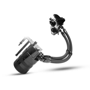 Automotive fuel pump assembly with braided hoses and mounting bracket on a white background, shown at an angle.