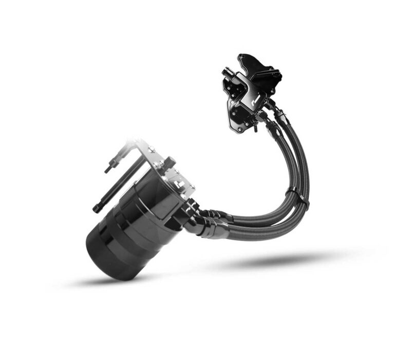 Automotive fuel pump assembly with braided hoses and mounting bracket on a white background, shown at an angle.
