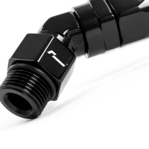Close-up of a black metal threaded hose fitting with a hex nut and ridged grip.