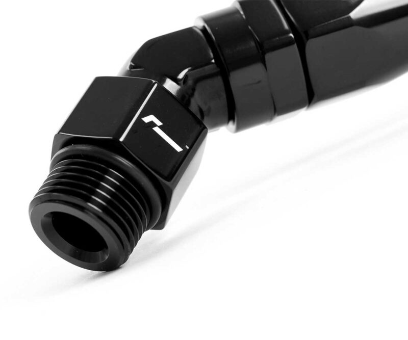 Close-up of a black metal threaded hose fitting with a hex nut and ridged grip.