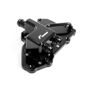 Black metal water-cooling pump block with two hose fittings mounted on a flat base plate.