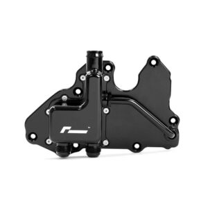 Black motorcycle engine water pump housing with inlet/outlet ports and mounting holes, shown on white background.