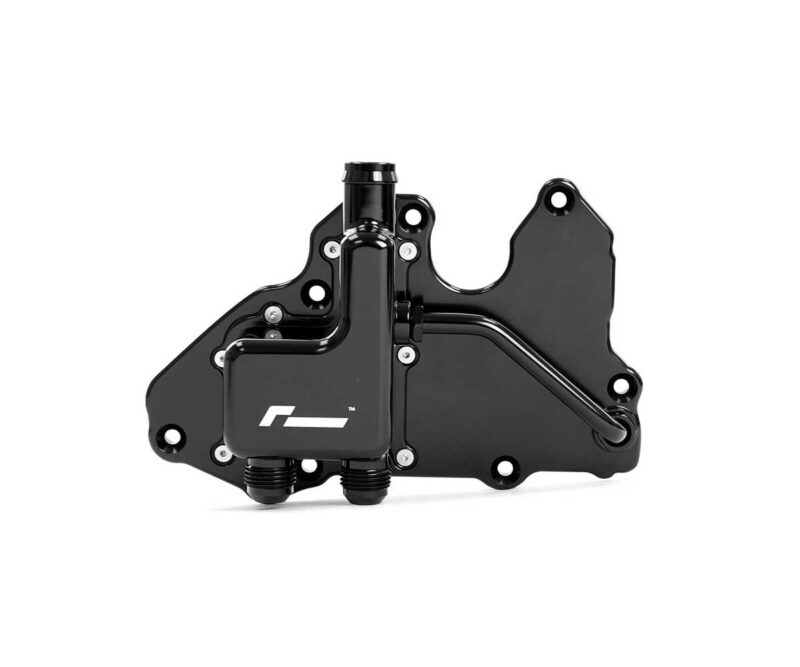Black motorcycle engine water pump housing with inlet/outlet ports and mounting holes, shown on white background.