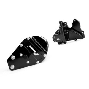 Pair of black metal motorcycle rearset foot pegs with mounting bolts, detached on a white background.