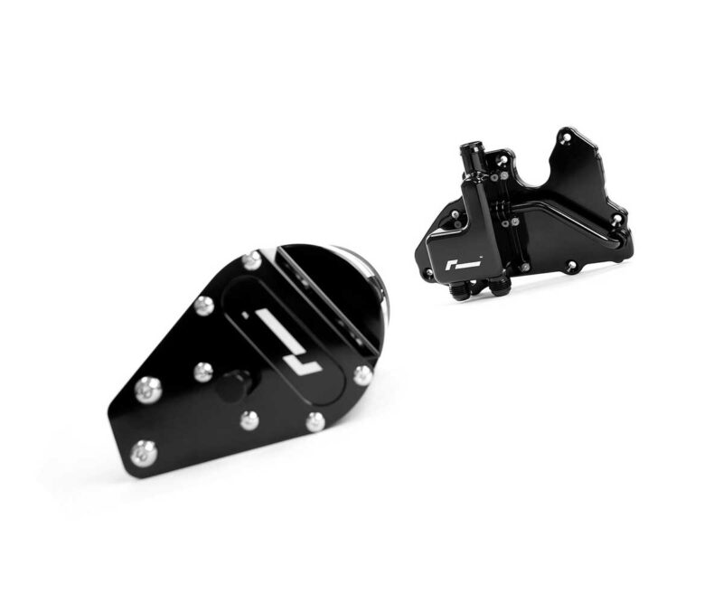 Pair of black metal motorcycle rearset foot pegs with mounting bolts, detached on a white background.