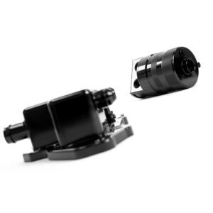 Two black mechanical parts floating in white space: a rectangular motor/actuator on the left and a knurled cylindrical component on the right.