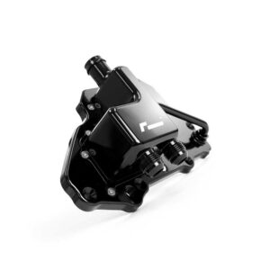 Black tattoo machine frame with knobs and tubing, isolated on a white background, photographed from an angled side view.