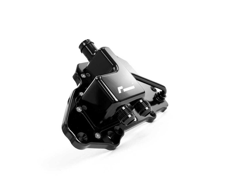 Black tattoo machine frame with knobs and tubing, isolated on a white background, photographed from an angled side view.